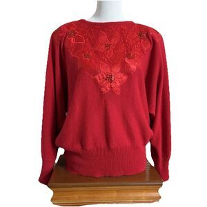 Vintage Diana Marco Red Sequin Lace Poinsettia Holiday Sweater